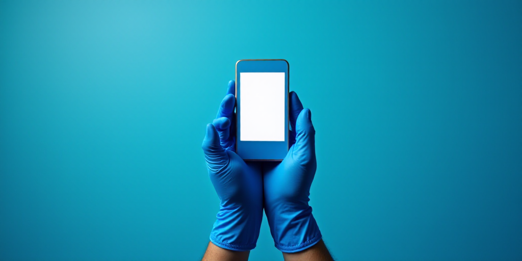 a person in blue gloves holding a blue electronic device in their hands with a white screen on it's