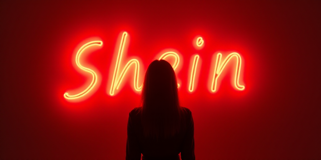 a person standing in front of a red light sign that reads shein on it and a red light behind them, C