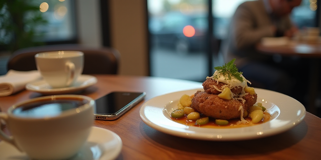 a phone sitting next to a plate of food on a table with a phone call on it and a cup of coffee, Avgu
