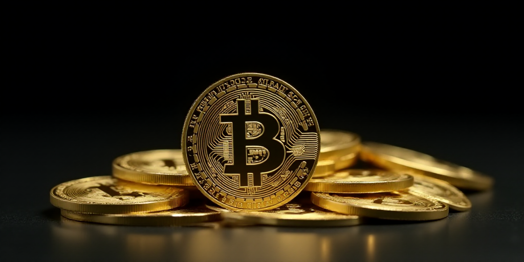 a pile of bitcoins sitting on top of each other on a table top with a black background, Beeple, 16k,