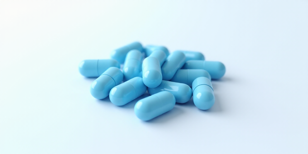 a pile of blue pills sitting on top of a white tablecloth with a white background and a white backgr