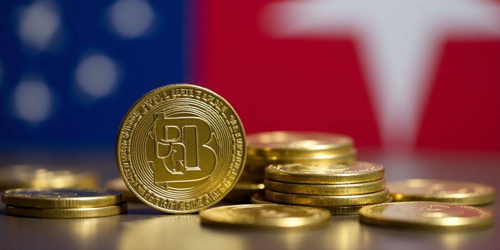 a pile of coins sitting next to a pile of coins on a table with a flag in the background, Andries St