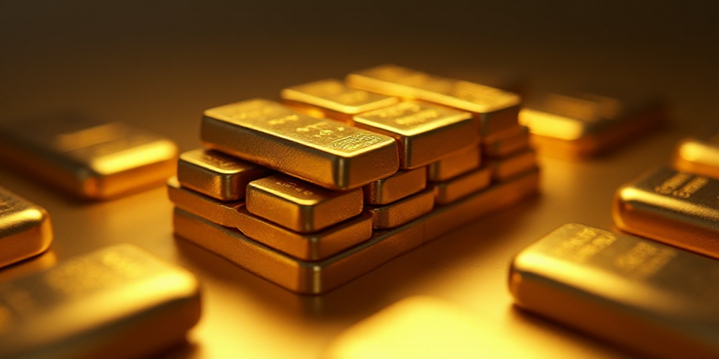 a pile of gold bars sitting on top of a table next to each other on a table top with a bunch of them