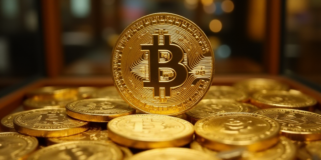 a pile of gold coins and a gold medal on display in a store window display case with a gold medal, E