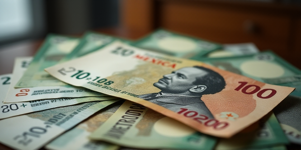 a pile of mexican currency with a lot of money in the background with a blurry image of a man's face