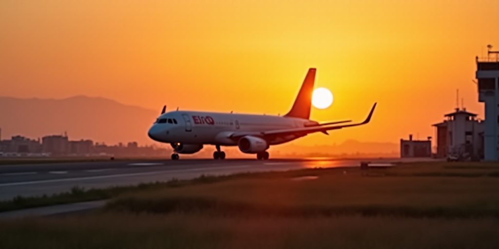 a plane is sitting on the runway at sunset time, with the sun in the background and a building in th