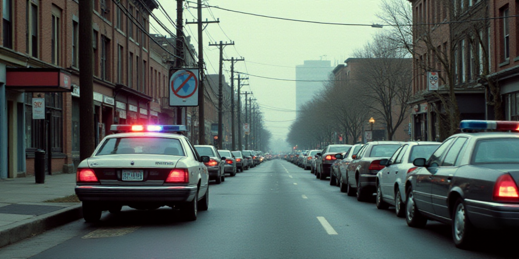 a police car is parked on the side of the road near a line of parked cars on the side of the road, E