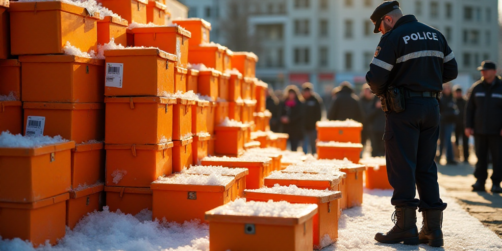 a police officer standing next to a pile of orange boxes on a table with other boxes on it and peopl