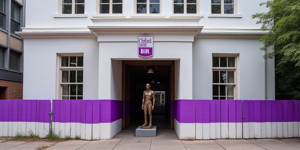 a purple and white sign in front of a building with a purple ribbon around it and a purple and white