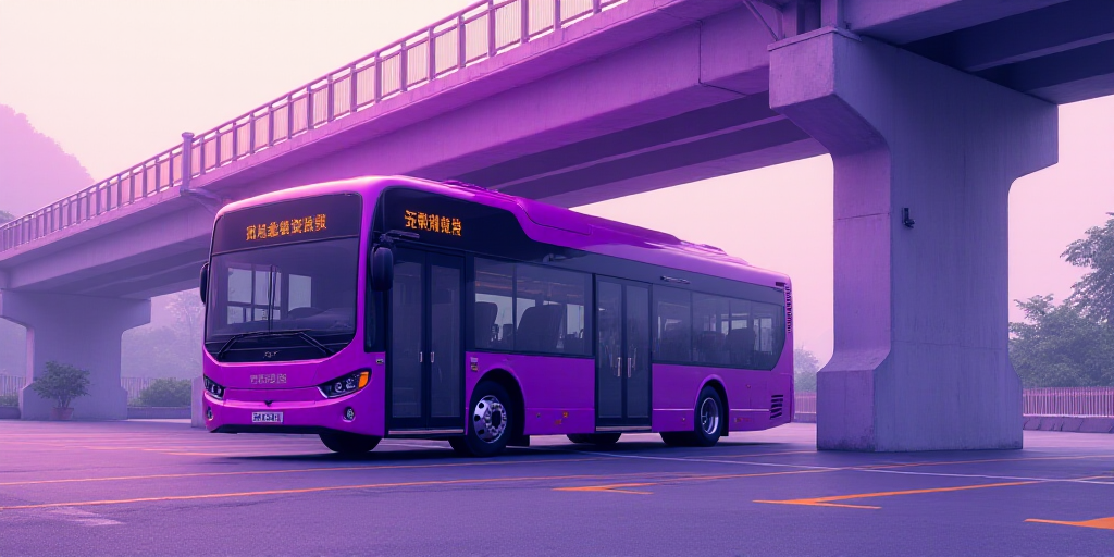 a purple bus is parked in a parking lot under a bridge and a walkway overpass is above it, Cui Bai,