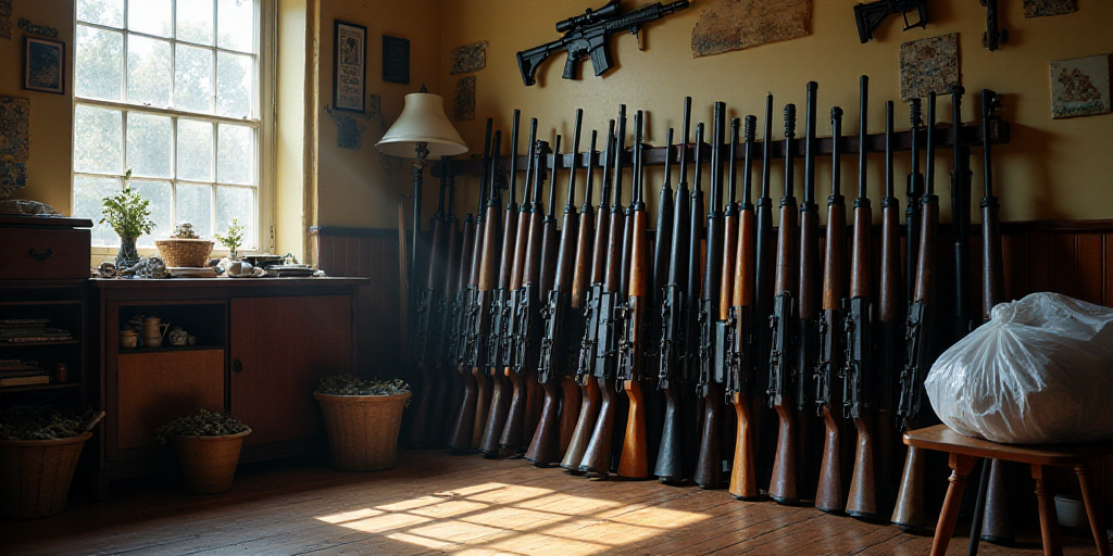 a rack of guns and rifles in a room with other guns on the wall and in the background, a bag of plas