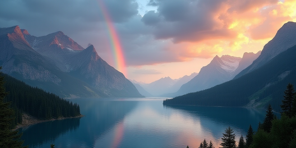 a rainbow over a lake surrounded by mountains and a rainbow in the sky above it is a rainbow in the