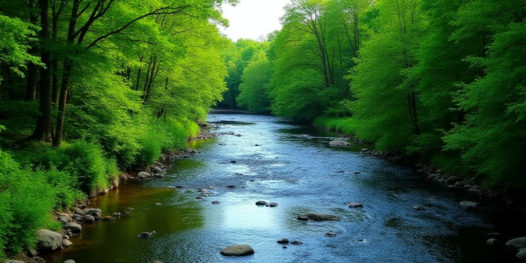 a river running through a lush green forest filled with trees and bushes, with a blue stream running