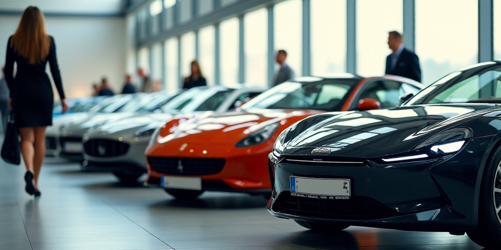 a row of cars parked in a showroom with people looking at them in the background and a woman walking