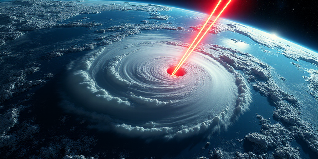 a satellite image of a hurricane in the ocean with a line of red and blue lines pointing to the top