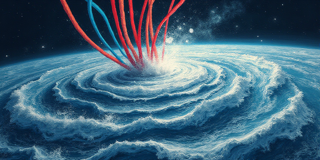 a satellite image of a storm moving through the ocean with a line of red and blue arrows pointing to