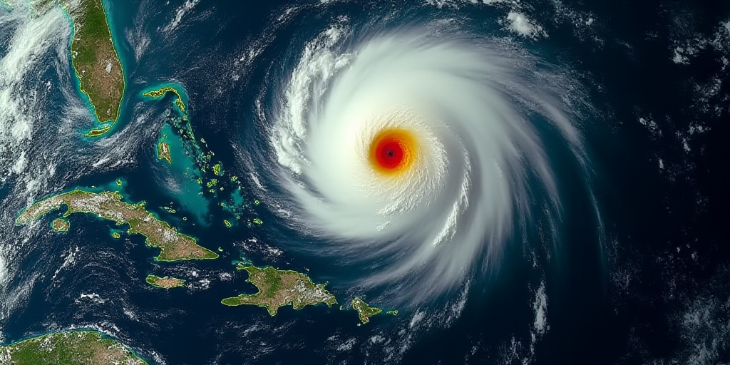a satellite image of a tropical storm in the middle of the ocean with a red and yellow dot on the ce