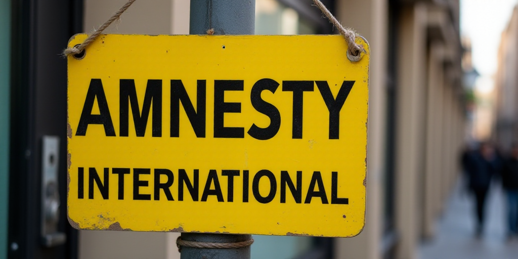 a sign that is hanging from a pole in front of a wall with a sign that says amnesty international, A