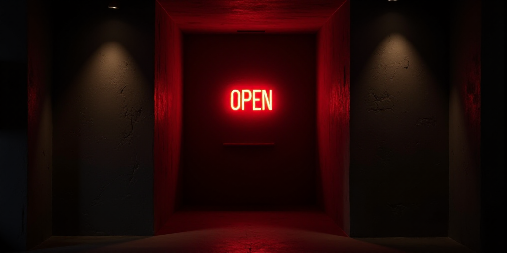 a sign that says open bank on it's side of a wall in a dark room with a red light, Adriaen Isenbrant