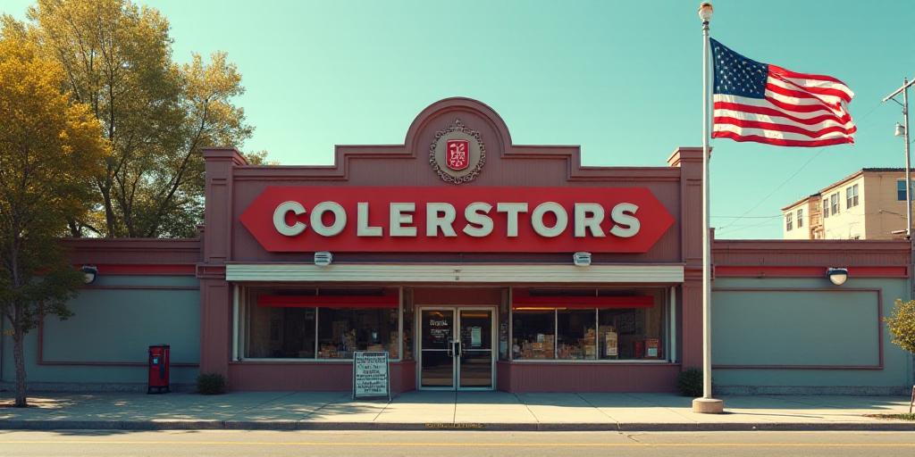 a sign that says the name of a store with an american flag in front of it and a flag in front of it,
