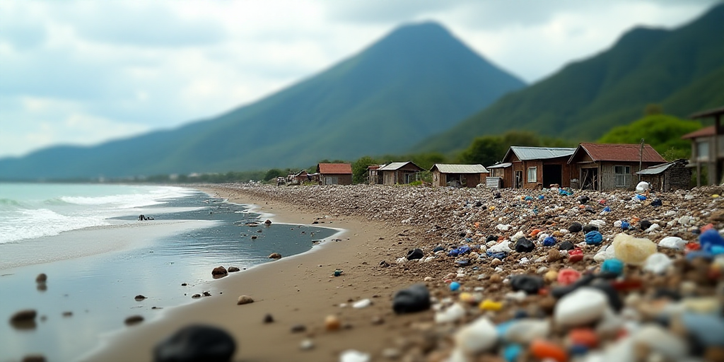 a small village on the shore of a beach with a lot of trash on it and a mountain in the background,