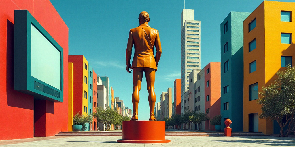 a statue in the middle of a city with skyscrapers in the background and a tv screen on the wall, Dav