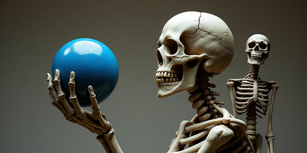a statue of a skeleton holding a blue ball in front of a fan with a skeleton on it's back, Benjamin