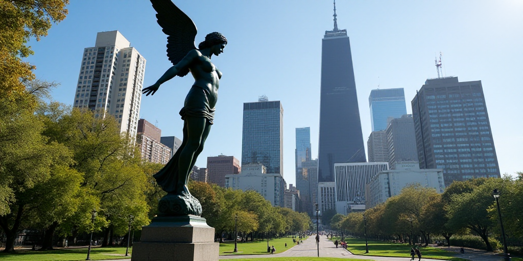 a statue of an angel in a city park with skyscrapers in the background, in a sunny day, David Alfaro