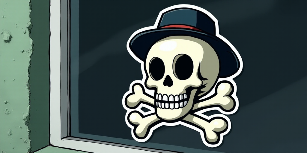 a sticker of a skull wearing a hat and a skull with bones on it is on a window, Eiichiro Oda, anime,