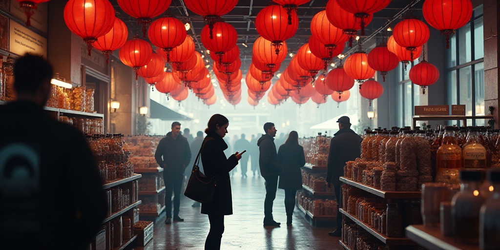 a store with red and white signs hanging from the ceiling and people shopping in the store below the