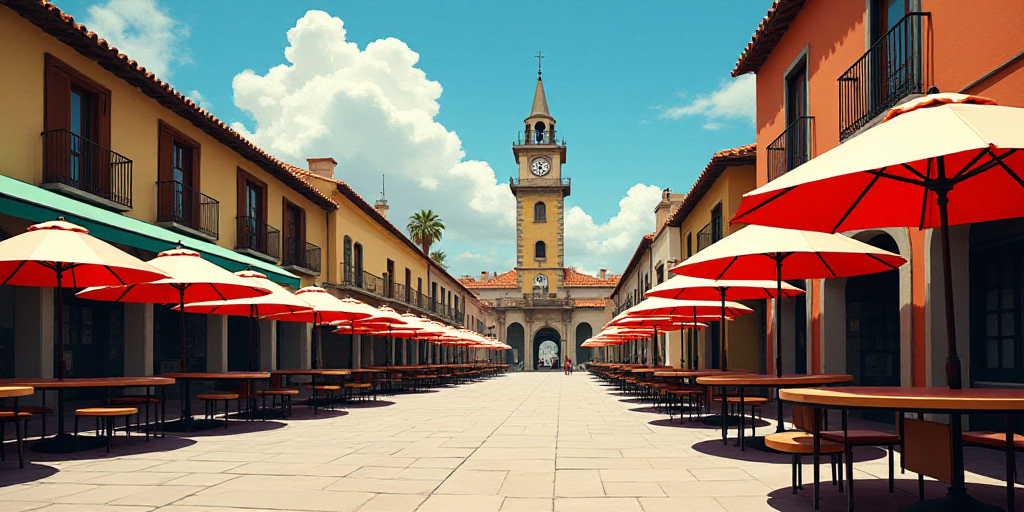 a street with tables and umbrellas on both sides of it and a building with a clock tower in the back