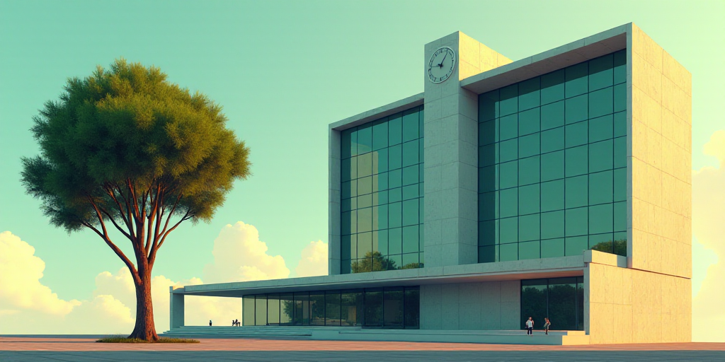 a tall building with a glass front and a clock on the front of it's face and a tree in front of it,