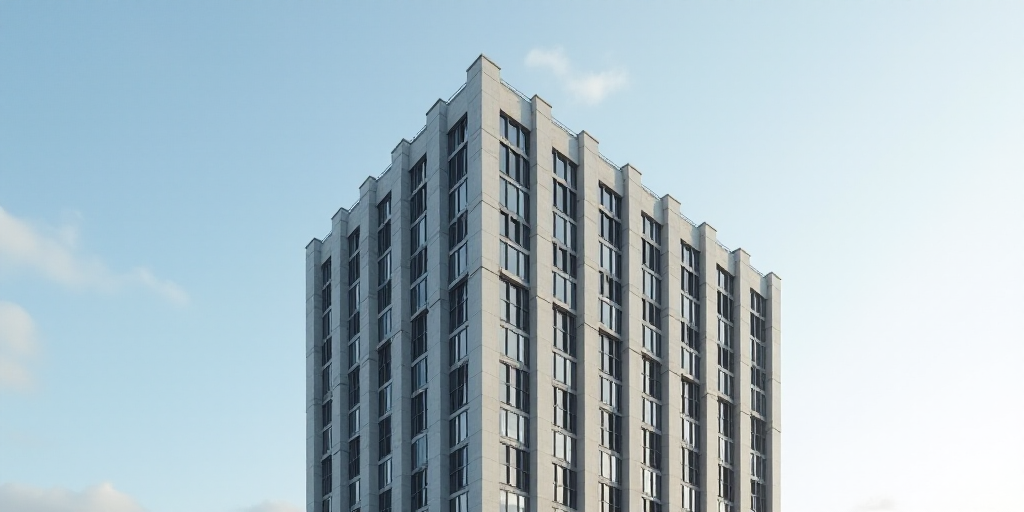 a tall building with lots of windows on top of it's sides and a sky background behind it, David Chip