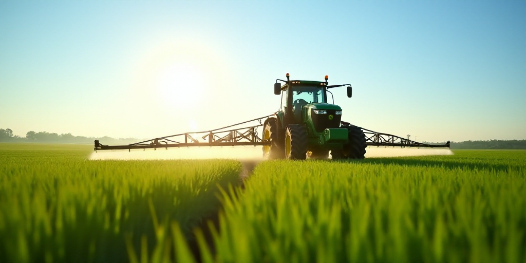 a tractor is spraying pesticide on a large field of crops in the sunlit day, with a blue sky, Andrie