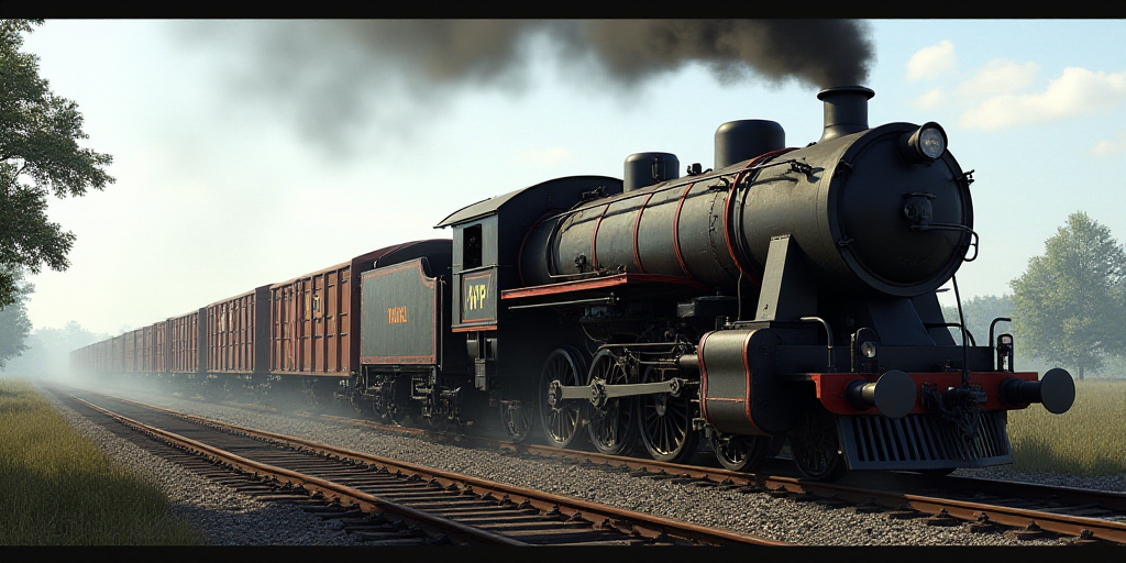 a train with a bunch of barrels on the side of it's track, with smoke coming out of the back, Avgust