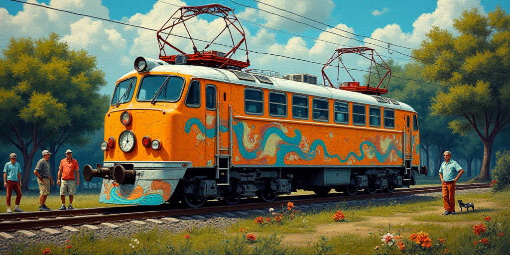 a train with a clock on the side of it in a park with people sitting on it and a train on the side,