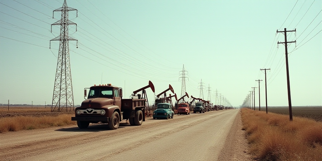 a truck parked in front of a row of oil pumps on a dirt road next to a field of power lines, Elbridg