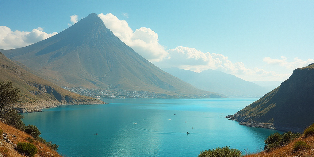 a view of a body of water with a mountain in the background and a few people swimming in the water,