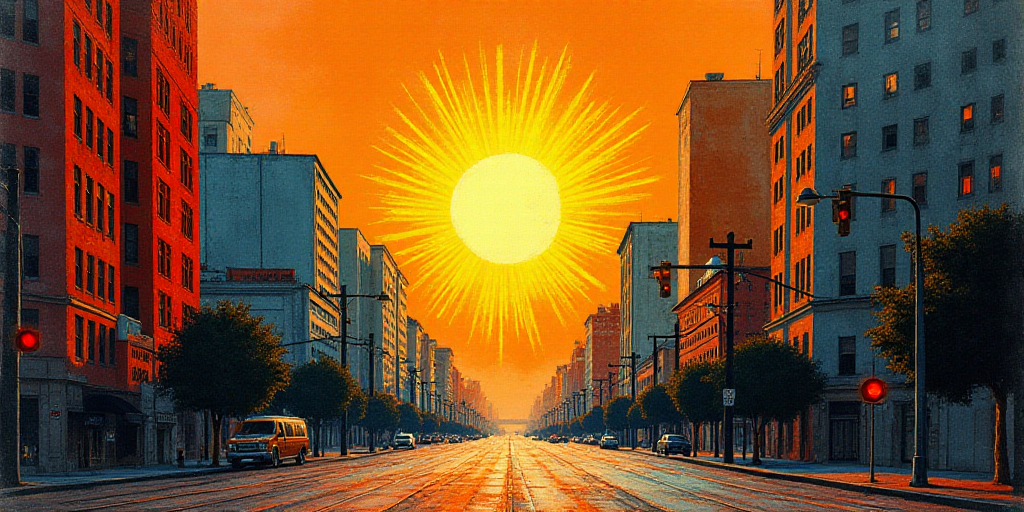 a view of a city street with tall buildings and a traffic light in the foreground and a sunburst in