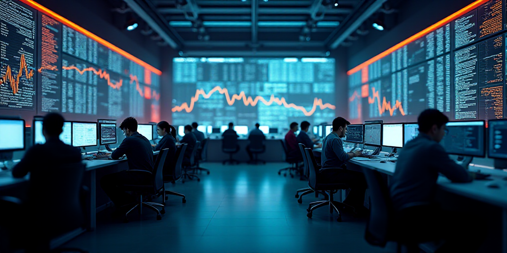a view of a stock market with people working on their computers and on their phones and on their pho