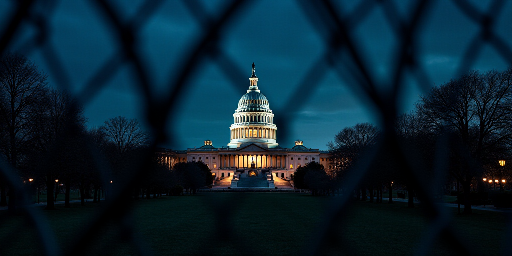 a view of the capitol building through a fence at night time, with the dome lit up in the background