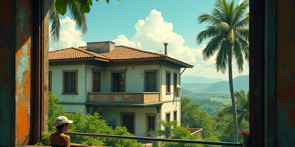 a window with a sign that says brasill amazonia on it and a building in the background with palm tre