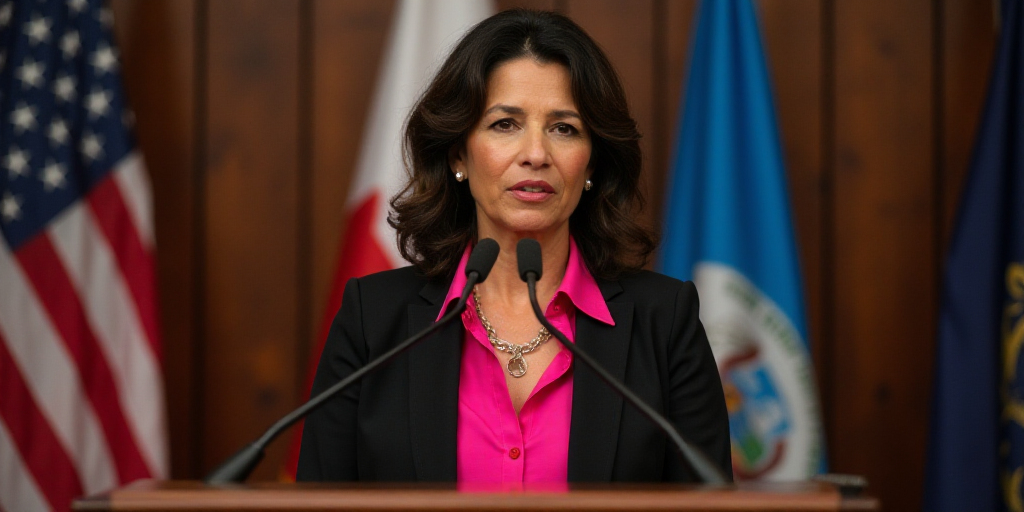 a woman in a black jacket and pink shirt is speaking at a podium with a flag behind her and a flag b