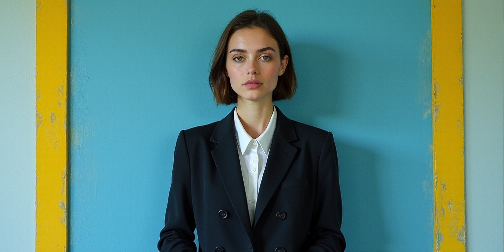 a woman in a black jacket and white shirt is standing in front of a blue background with a yellow bo