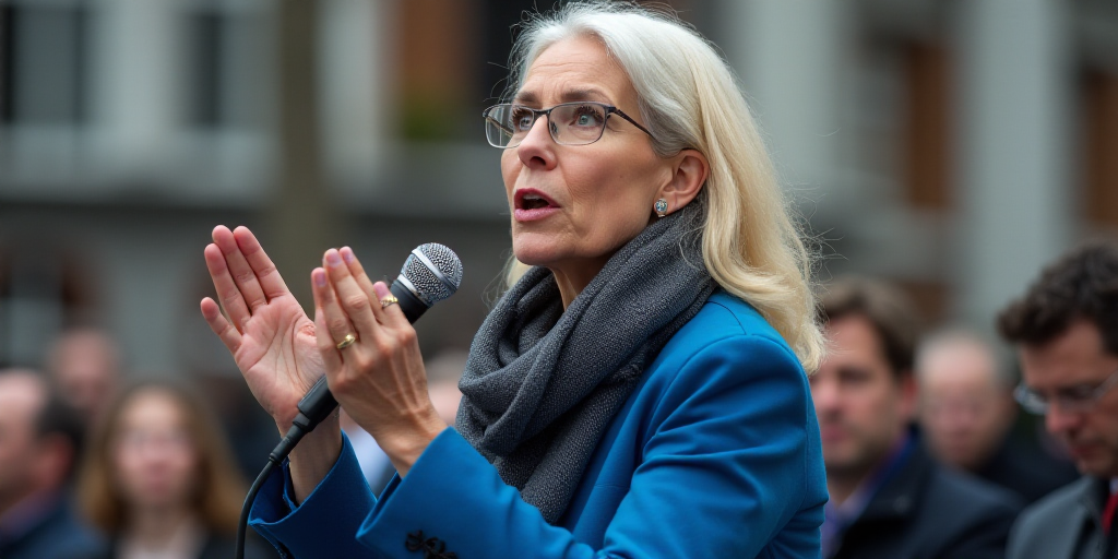 a woman in a blue jacket and a scarf is speaking into a microphone and holding her hands up in front