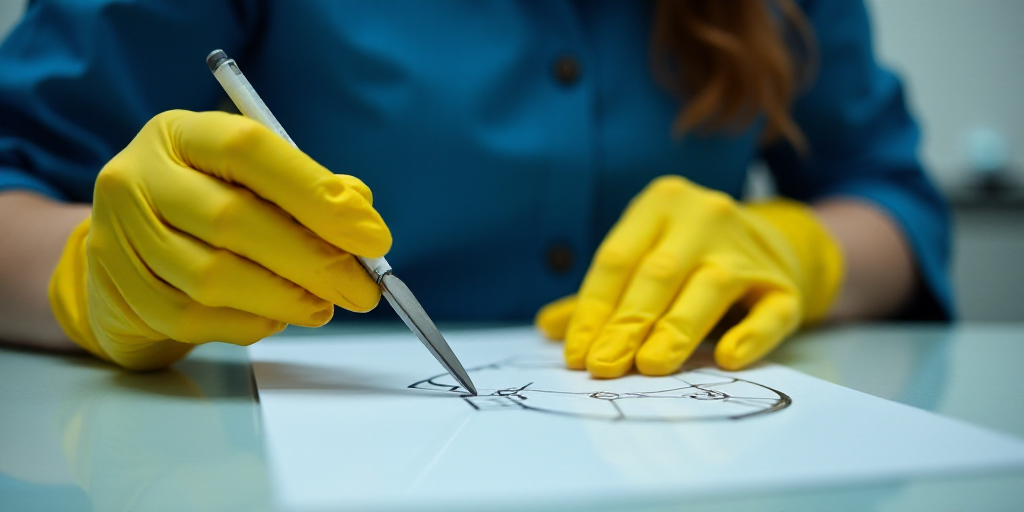 a woman in a blue shirt and yellow gloves is cutting a piece of paper with scissors on it and a q -