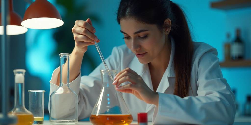 a woman in a lab coat is doing something in a bottle with a pipe and a flask of liquid, Ella Guru, j