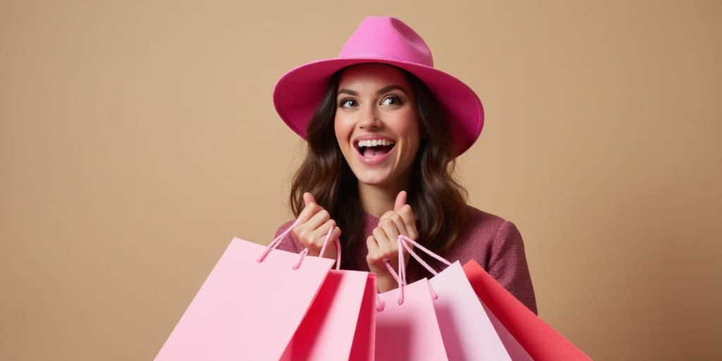 a woman in a pink hat holding shopping bags and smiling at the camera with a surprised look on her f