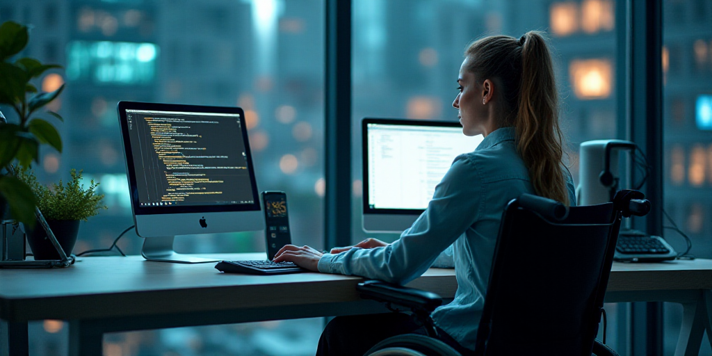 a woman in a wheelchair working on a computer at a desk with a computer monitor and keyboard and mou