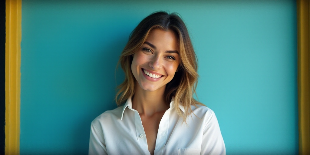 a woman in a white shirt is smiling for the camera with a blue background and a black and yellow bor